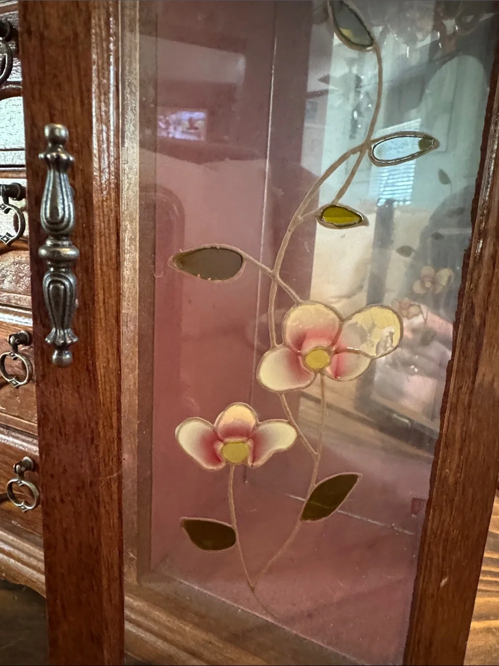 Wood Finish Jewelry Armoire with Floral Glass Door